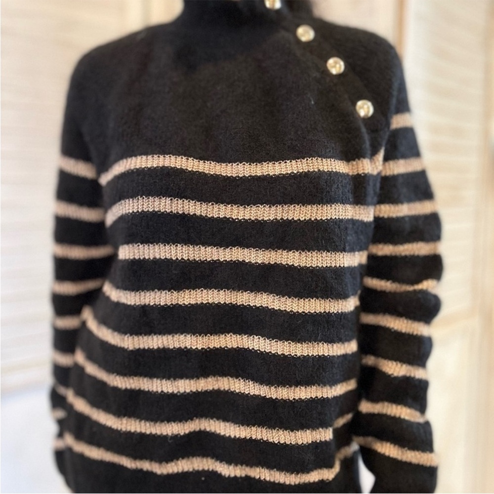NWT LA MAILLE SEZANE XL Black and Gold Striped Mock Turtle Neck Sweater